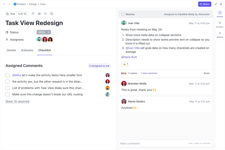 Simplify collaboration by assigning actionable feedback through ClickUp Assign Comments
