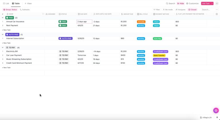 ClickUp Bill Organizer Template