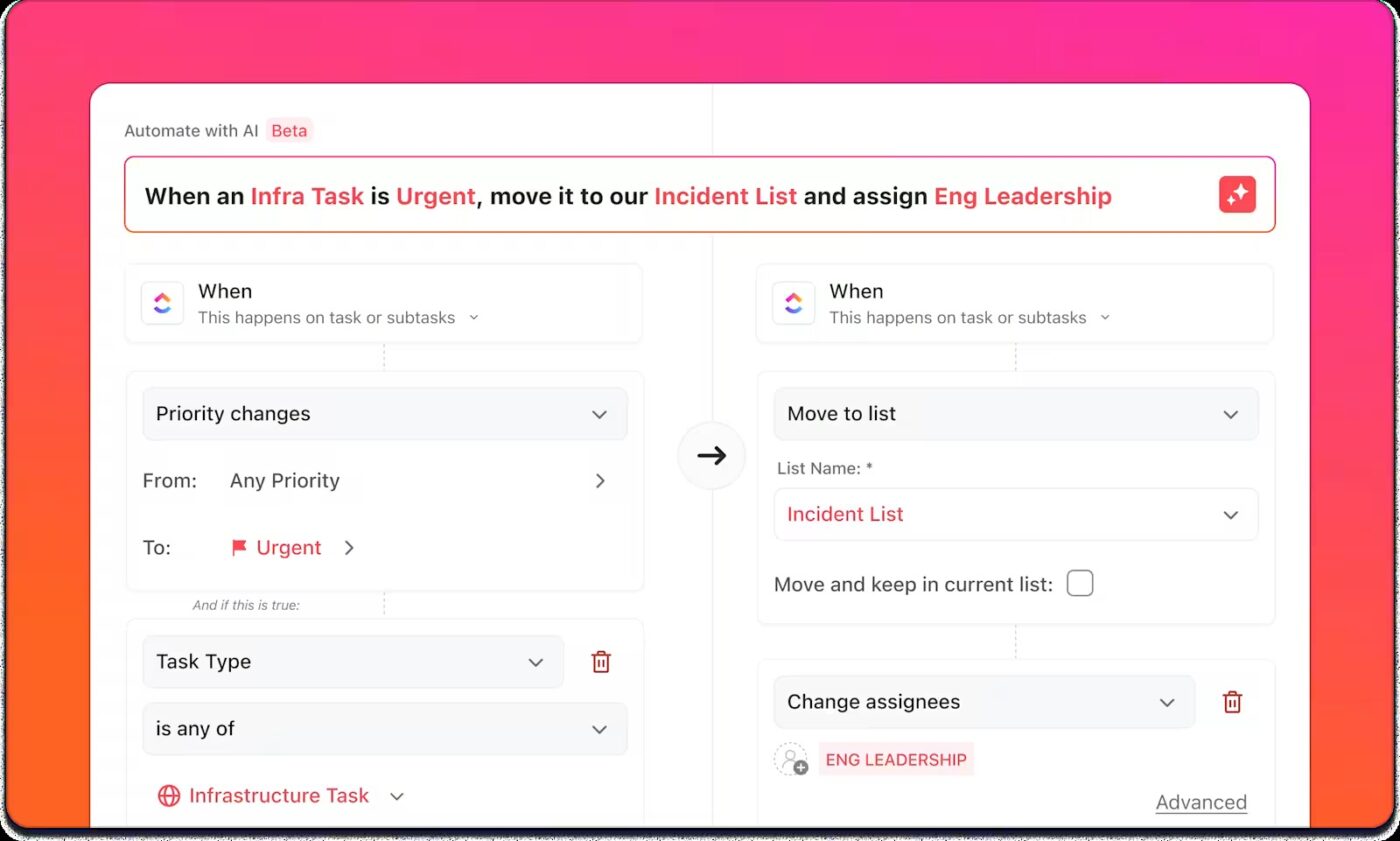 Automate task updates, approvals, and follow-ups with triggers, conditions, and actions using ClickUp Brain