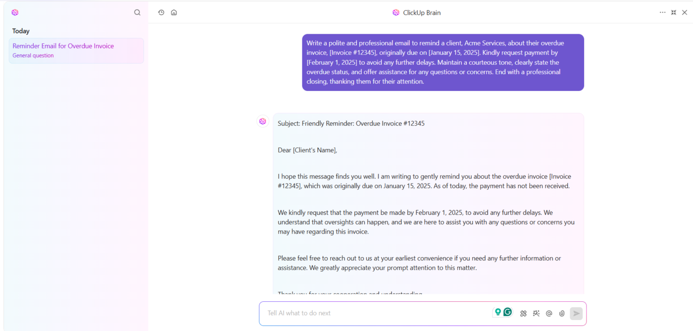 Speed up email communication using ClickUp Brain for payment reminders