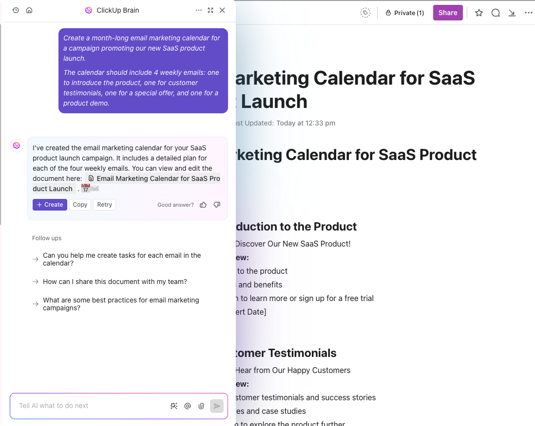 See ClickUp Brain's response to the prompt
