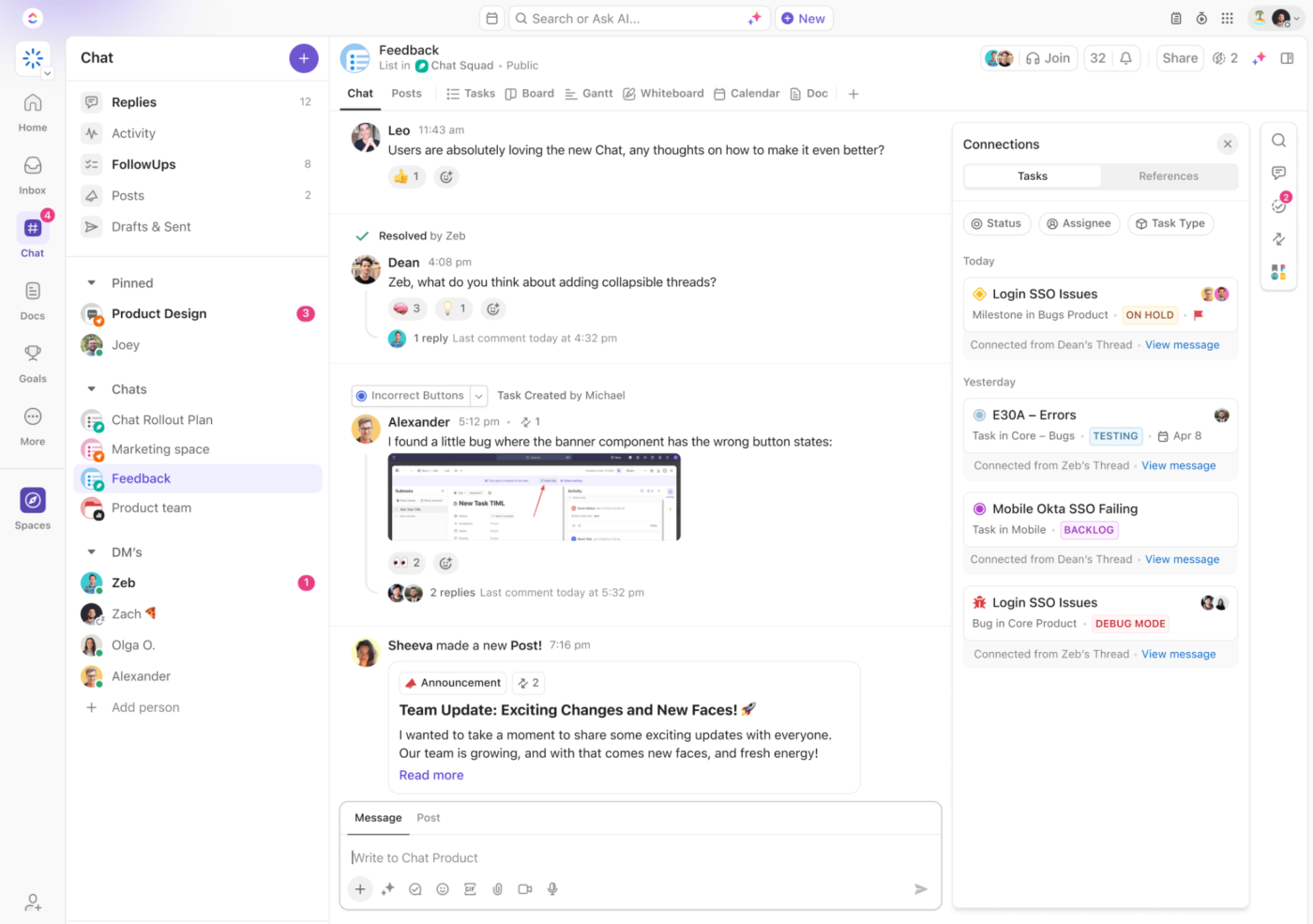 Keep all your work—and conversations—in one place with ClickUp Chat