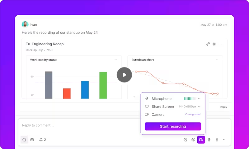 Record and share updates visually using ClickUp Clips for improved understanding : internal communication strategy