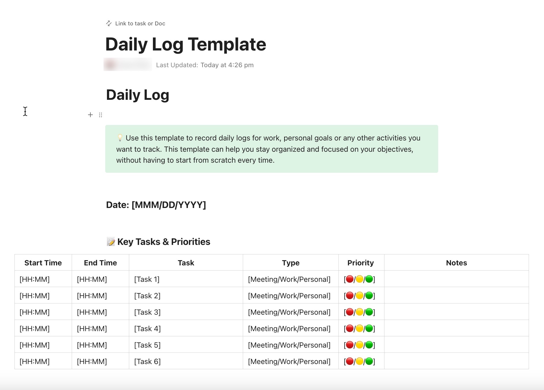 ClickUp Daily Log Template