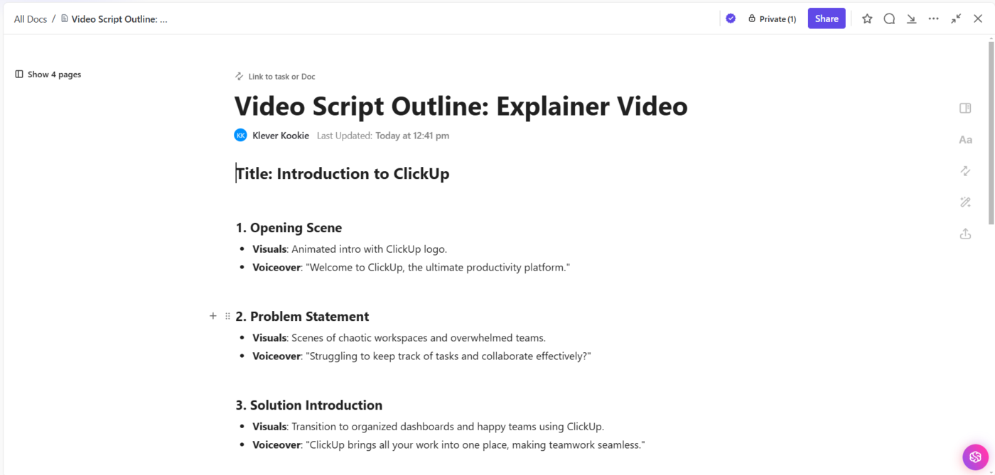 ClickUp Docs: Create a free video script template of your own