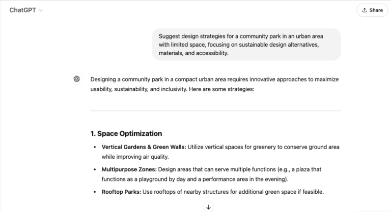 ChatGPT suggests sustainable design strategies for a compact urban community park.