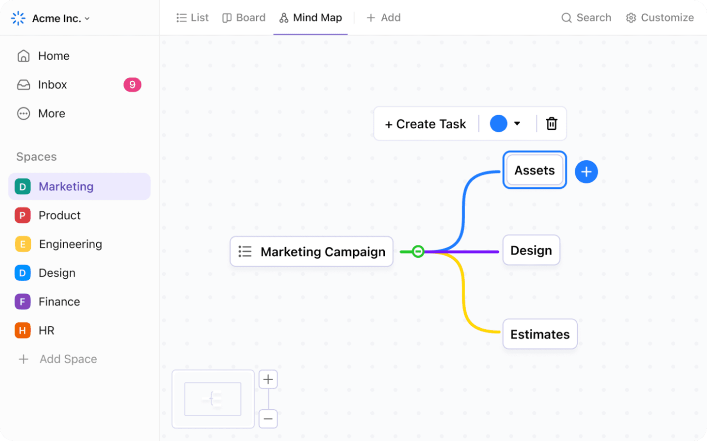 ClickUp's mind mapping tools to visualize the organization's collective knowledge