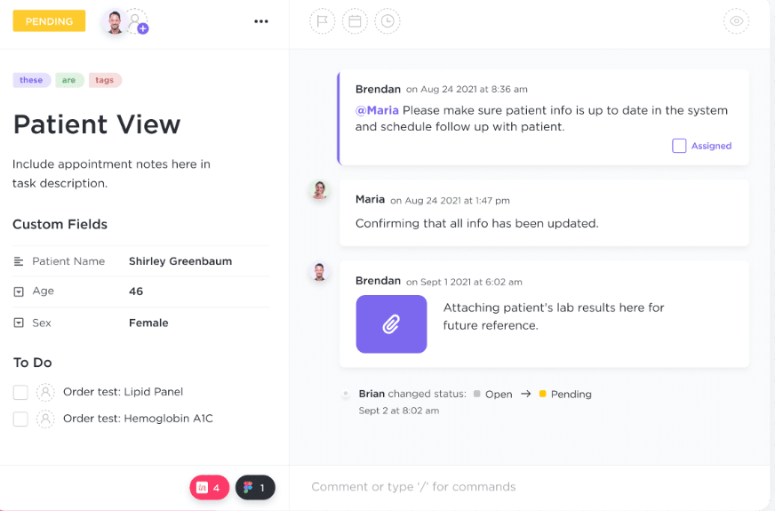 Easily automate appointment scheduling, track PHI records with Custom Fields, and handle all-around clinic management tasks using ClickUp
