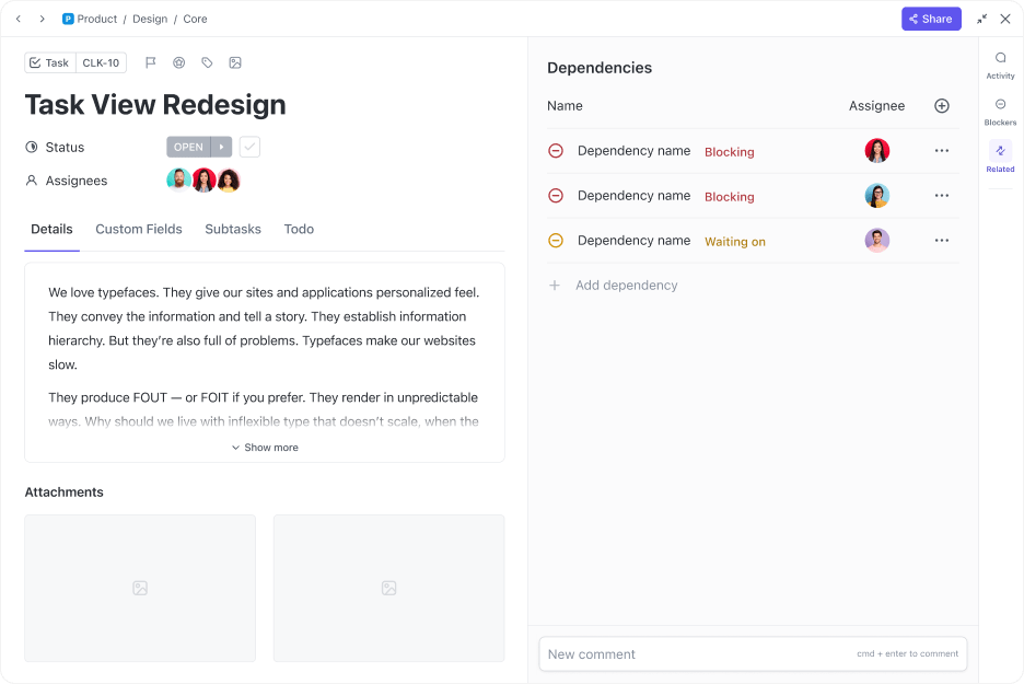 Visualize the flow of decisions and their effects using ClickUp Task Dependencies: Second Order Thinking