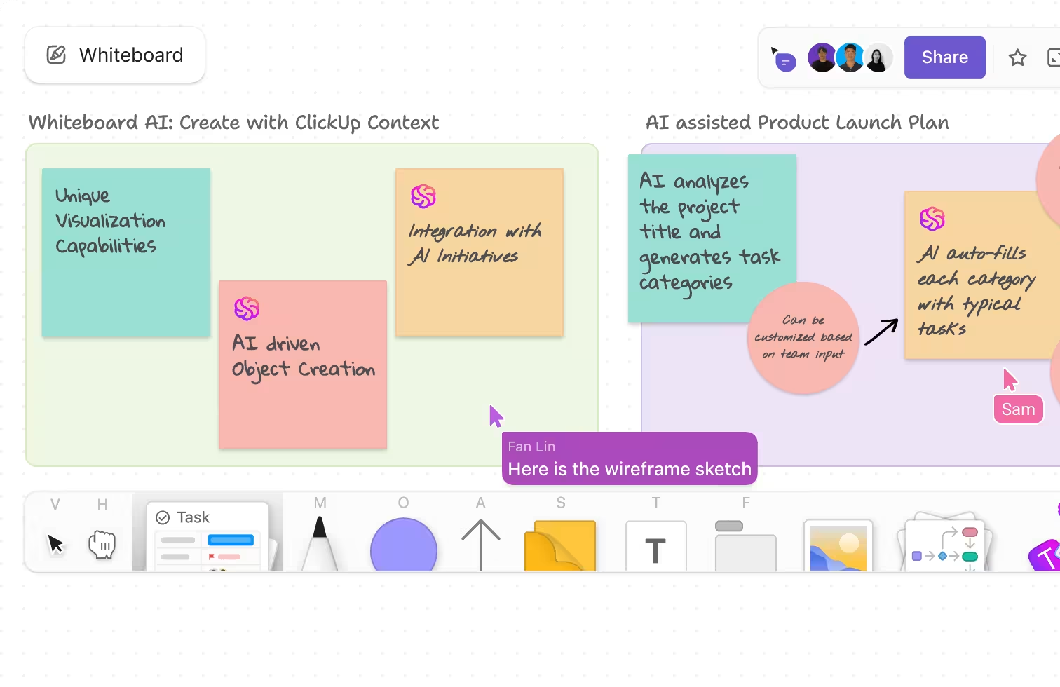 Host interactive virtual meetings and add check-in questions with ClickUp Whiteboards