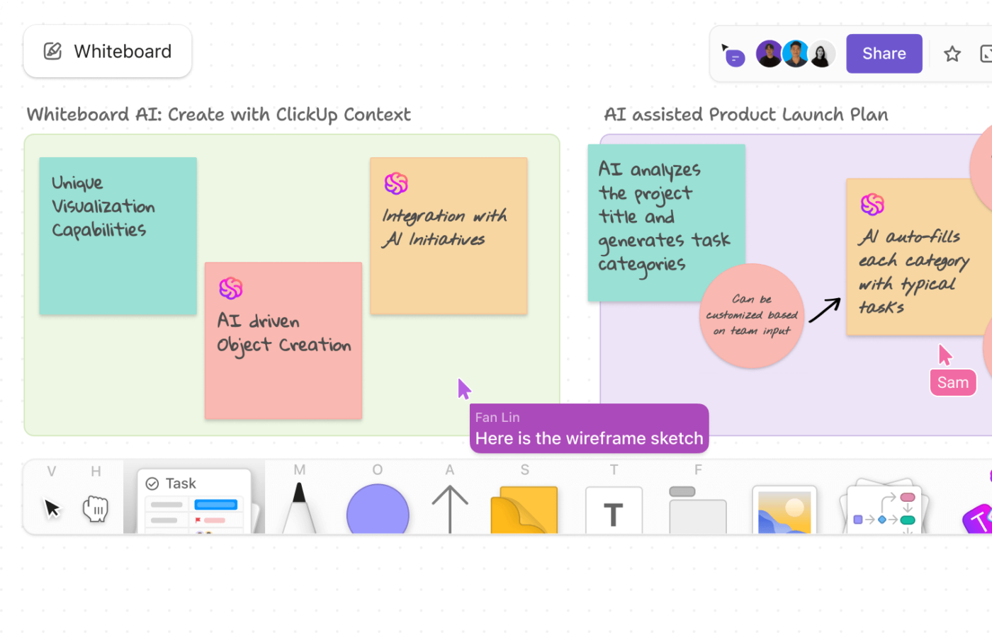 ClickUp Whiteboards: Create a knowledge map alongside a team of knowledge managers