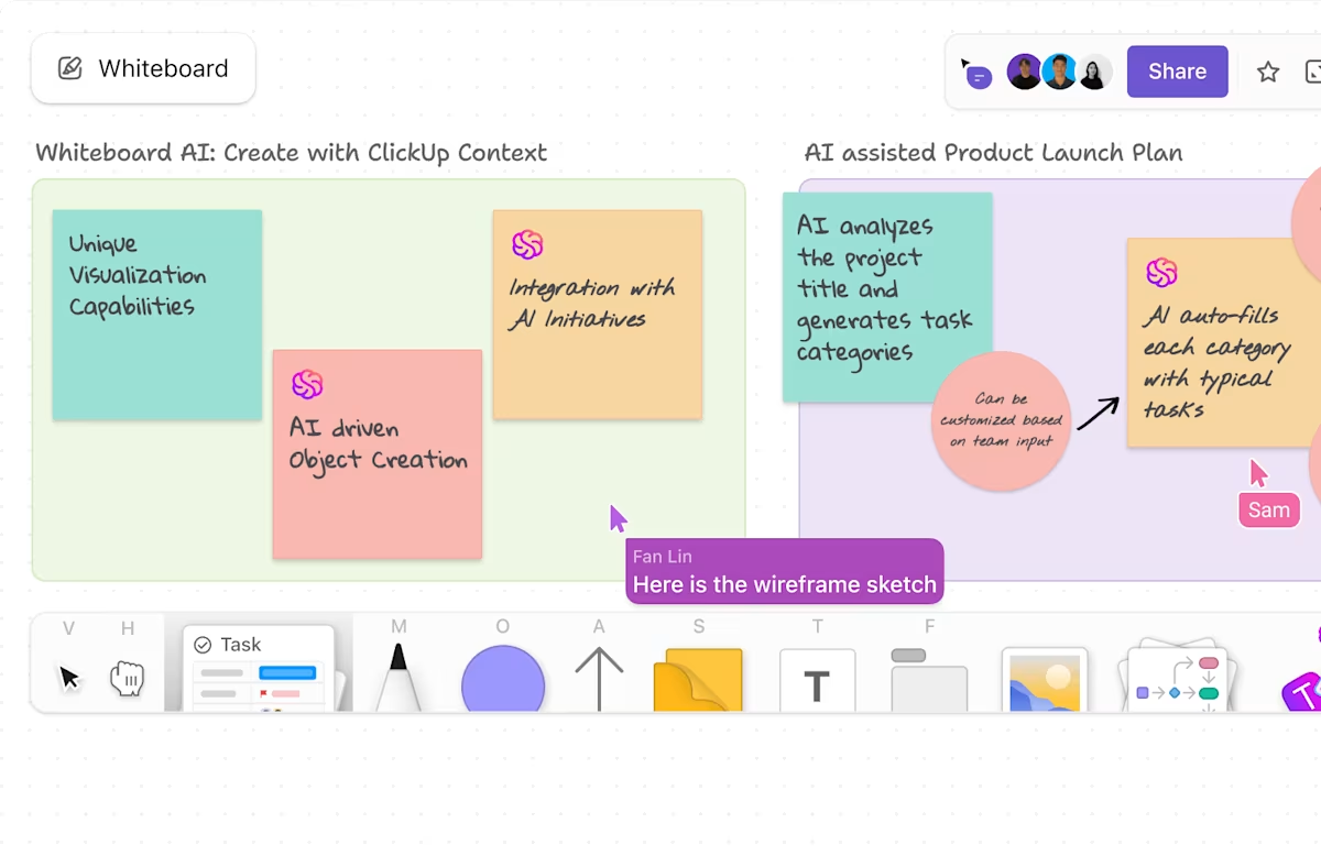 Brainstorm and link actionable goals using ClickUp Whiteboards