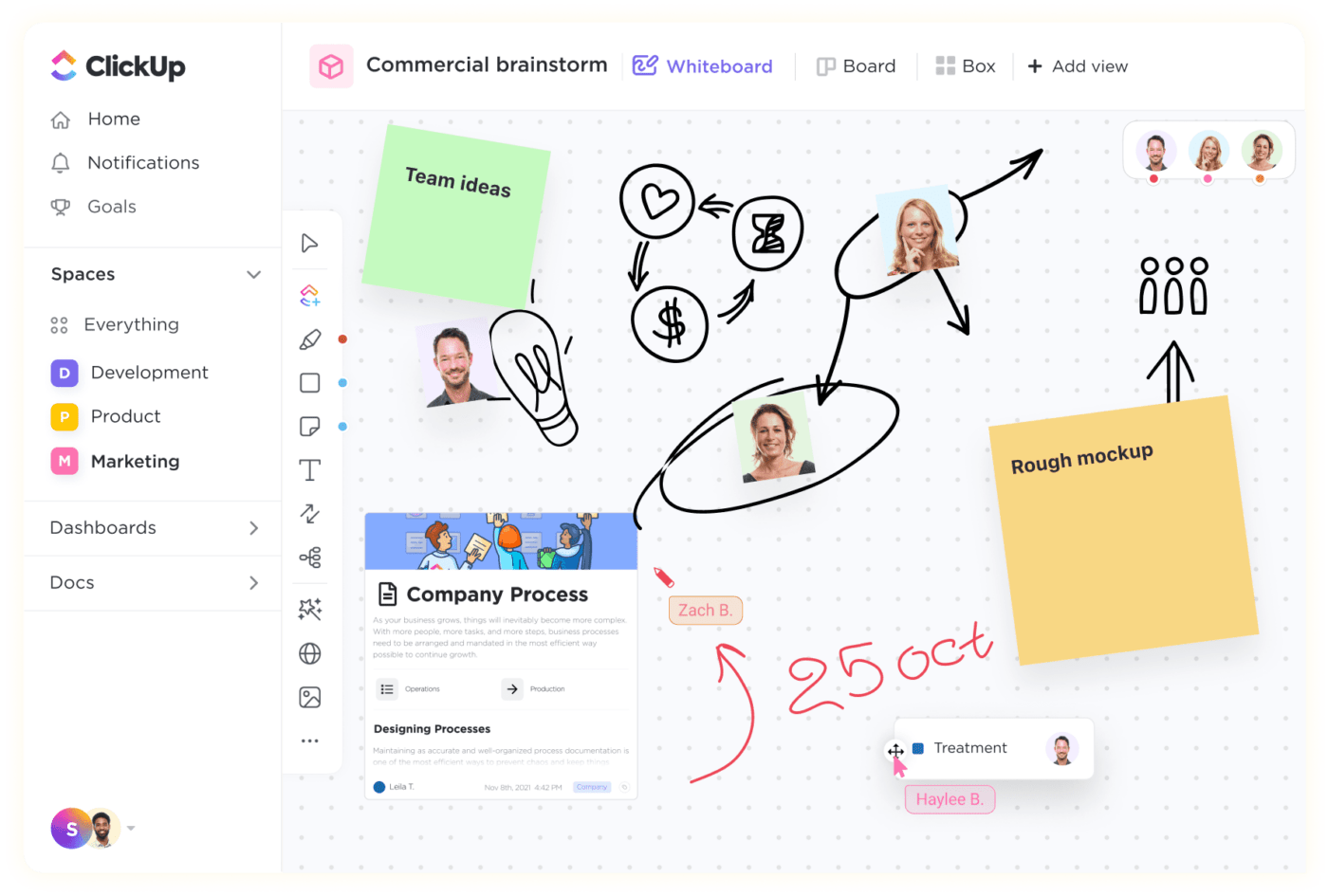 Sử dụng Bảng trắng ClickUp để hợp tác và brainstorming ý tưởng với các nhóm của bạn trong thời gian thực