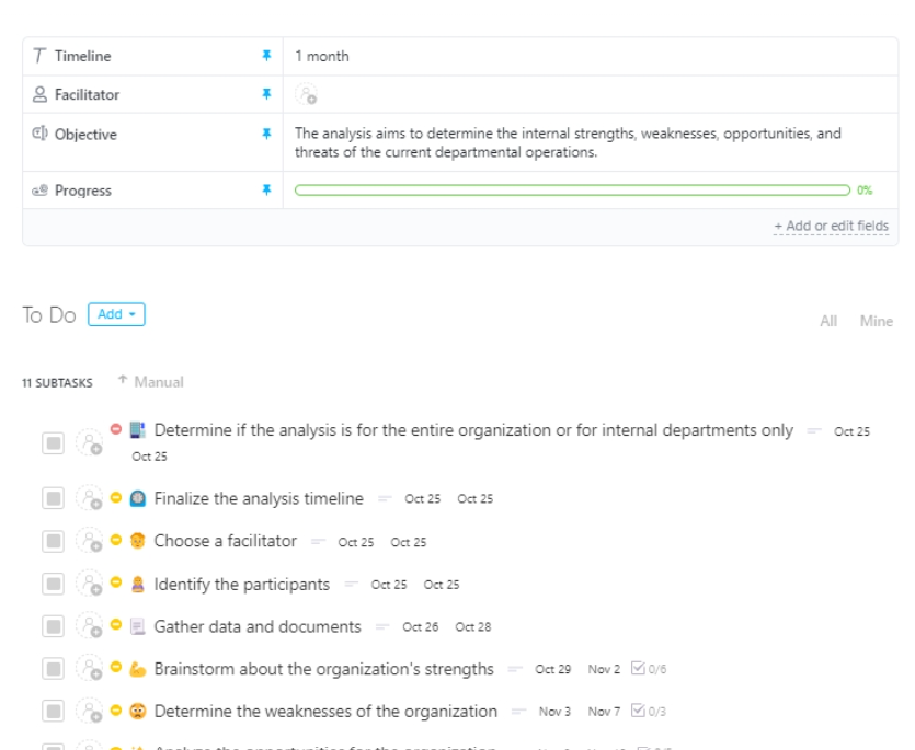 Improve productivity and make better business decisions with ClickUp’s Work SWOT Analysis