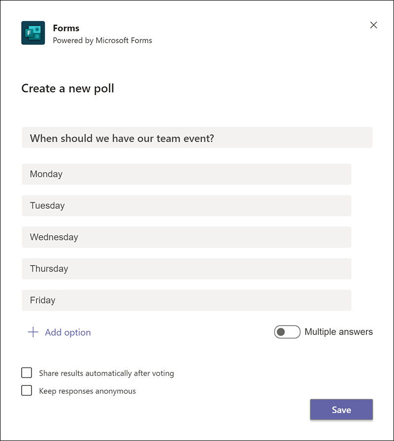 Create a poll in Microsoft Forms: add a question, options, and enable multiple answers if needed