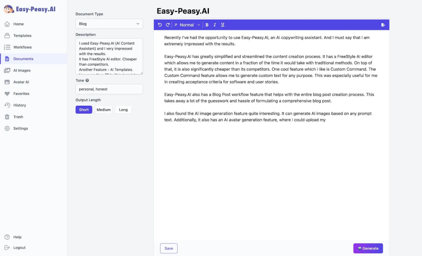 Easy Peasy AI is a lightweight copywriting tool for users who need quick, simple assistance with blogs, captions, or product descriptions.