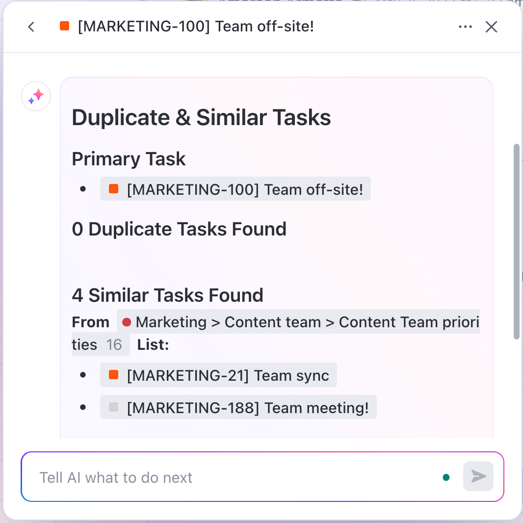 Find duplicating or merging marketing tasks with ClickUp Brain: ai in marketing examples