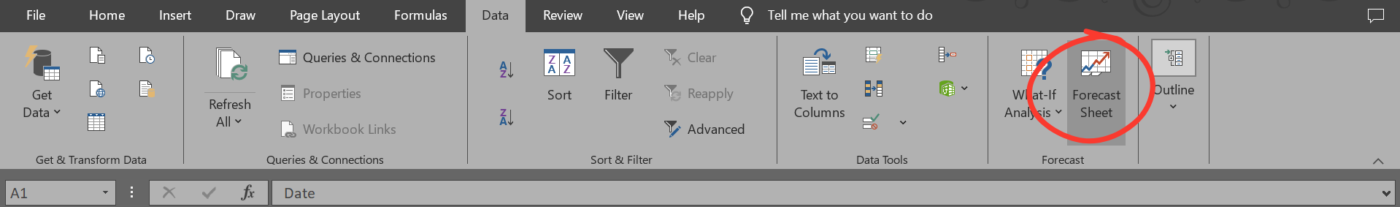 Access the Data tab and click the Forecast Sheet in the Forecast group