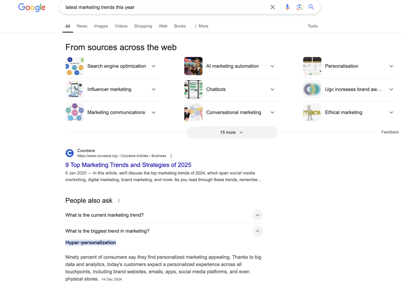 Google Search highlights marketing trends with personalized and categorized insights.