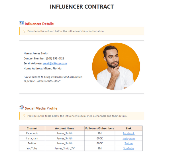 Craft your next contract with the Influencer Contract Doc Template by ClickUp
