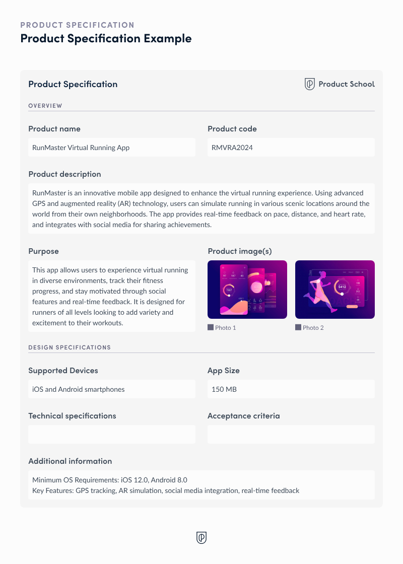 Product specification example via Product School