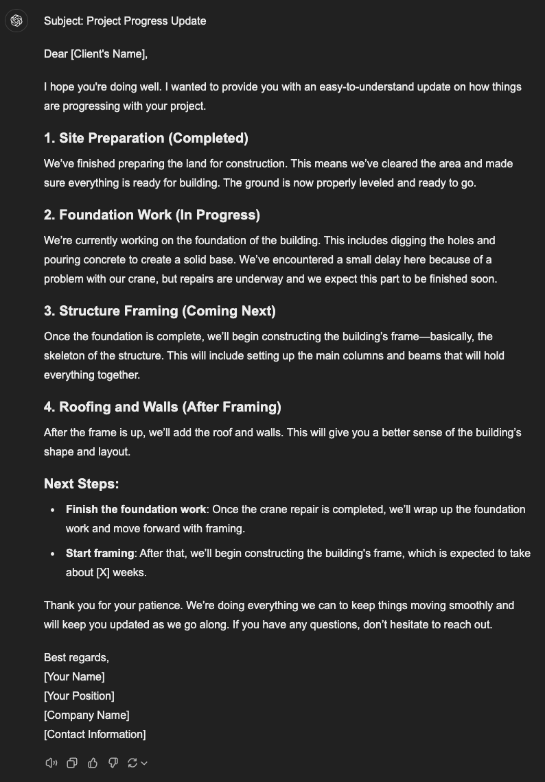 Project progress summary for a client unfamiliar with construction terms Prompt