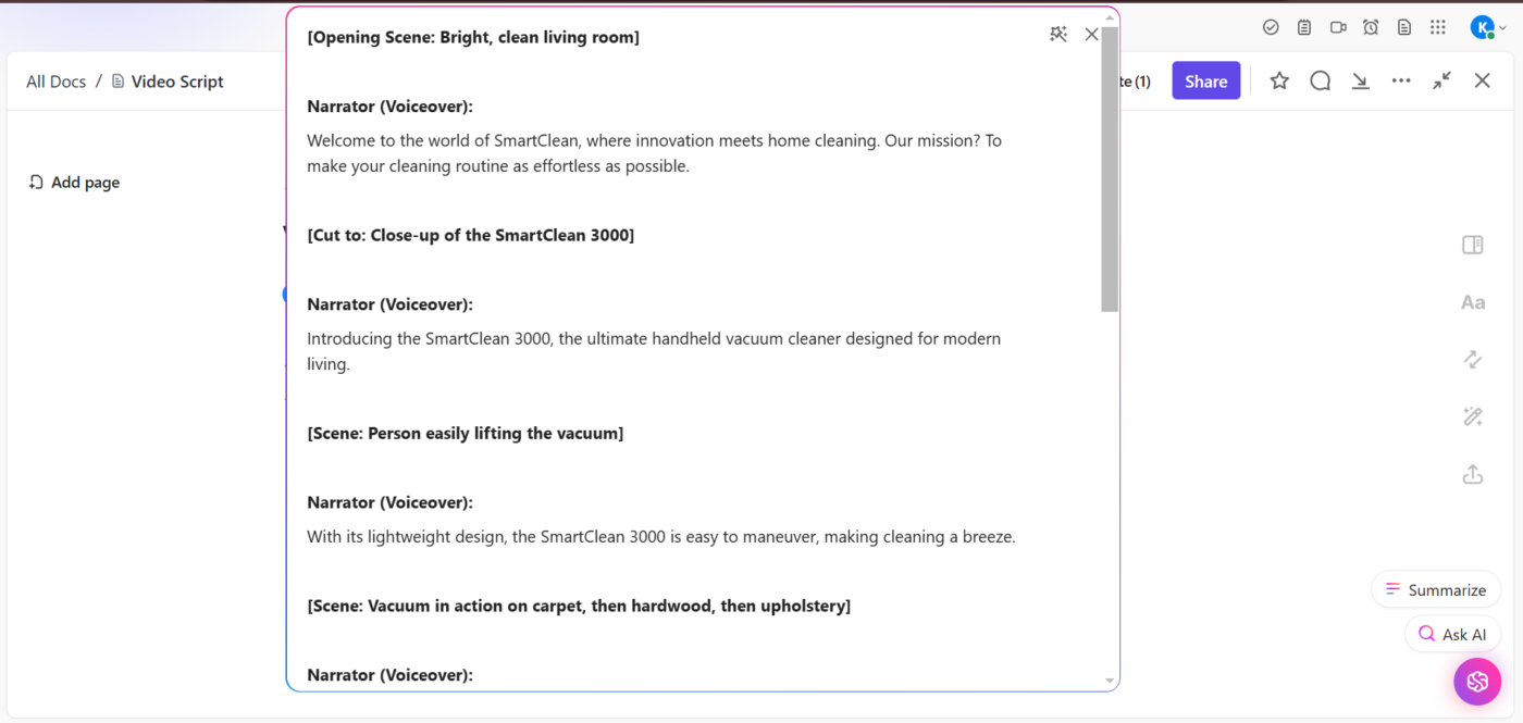 ClickUp Brain: Ask AI to write a script for your video clips