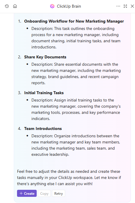 Using ClickUp Brain to generate an onboarding workflow