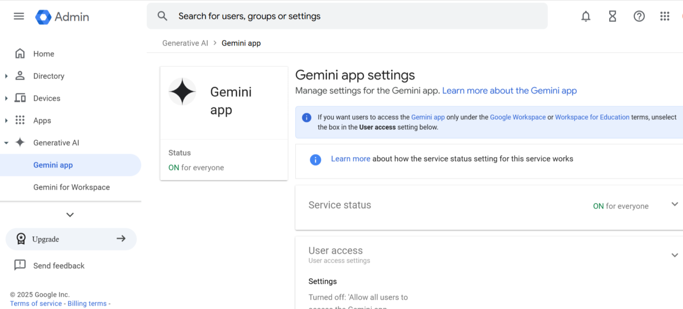 إعدادات Gemini لـ Google Workspace