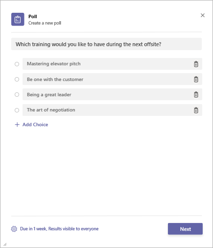 How to Create a Poll in Teams: Write down a question and provide multiple answers 