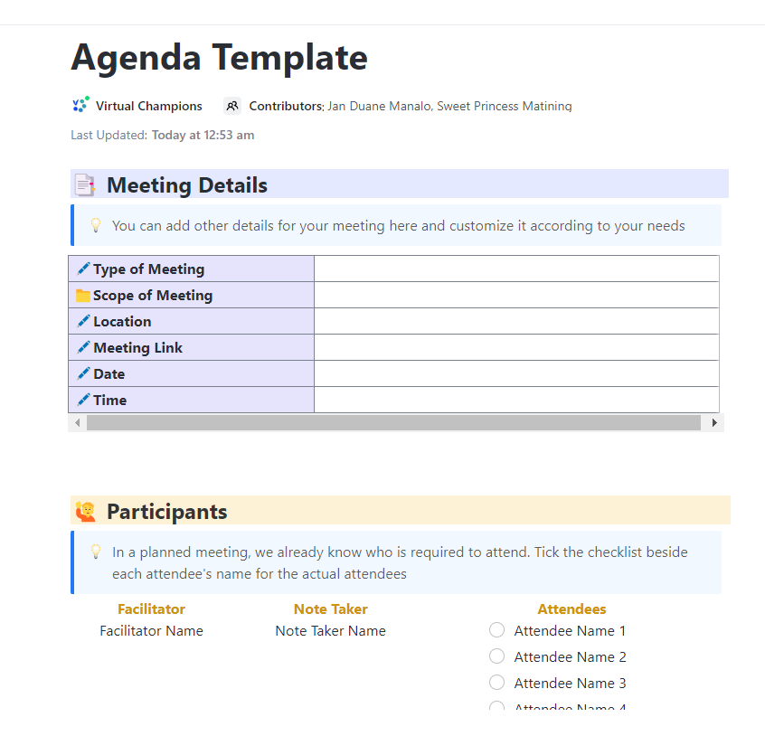 ClickUp Agenda Template