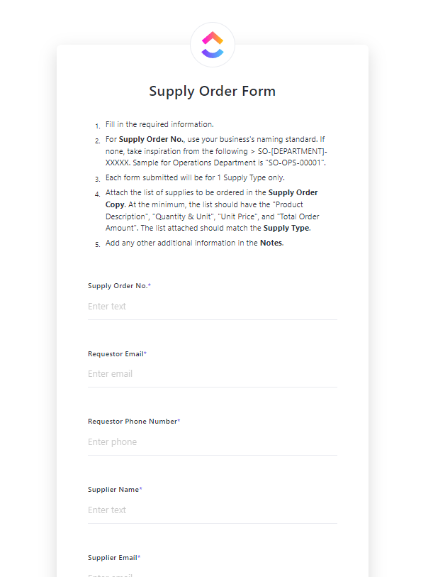 ClickUp Supply Order Form Template