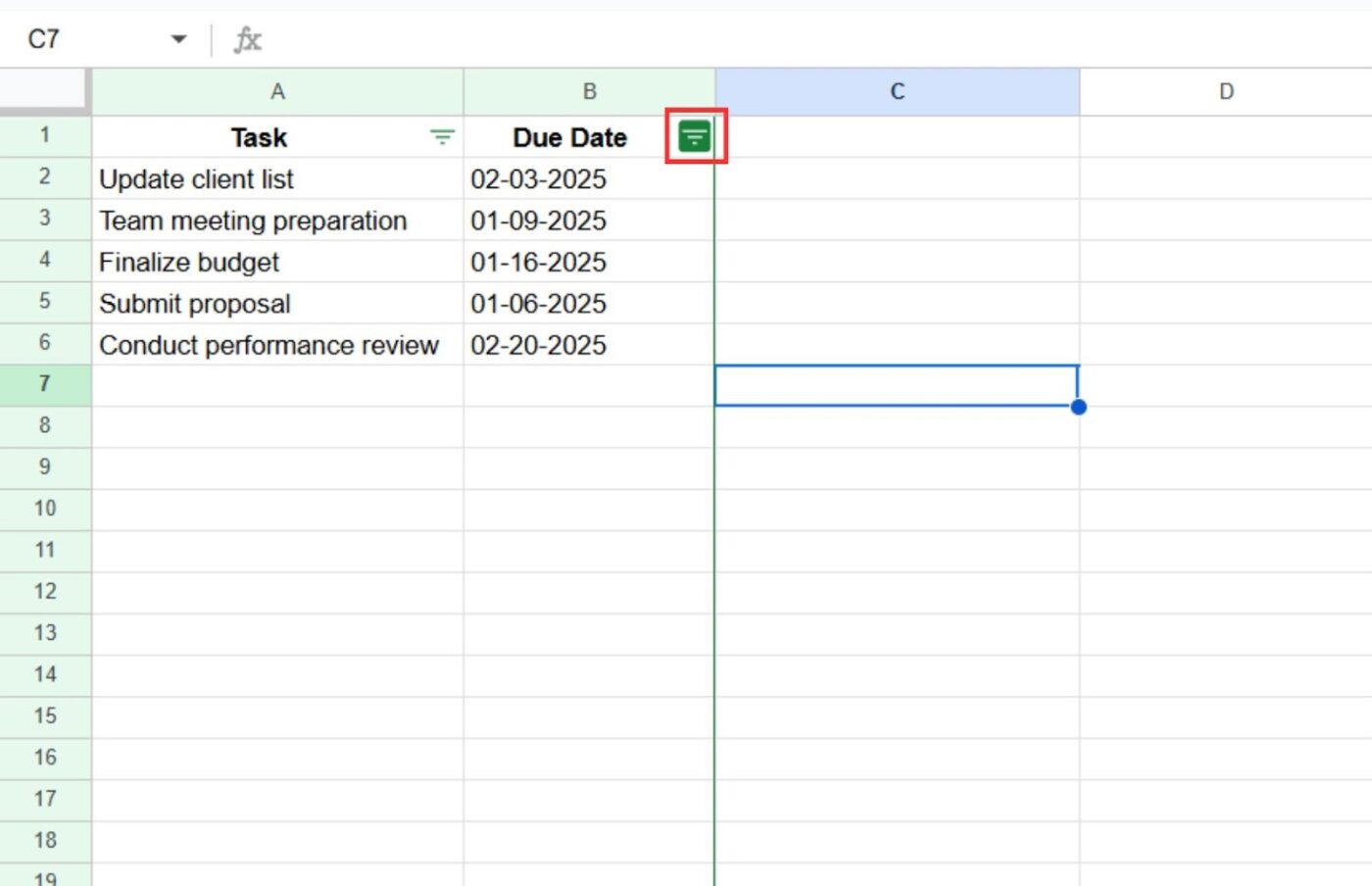 Due Date column header