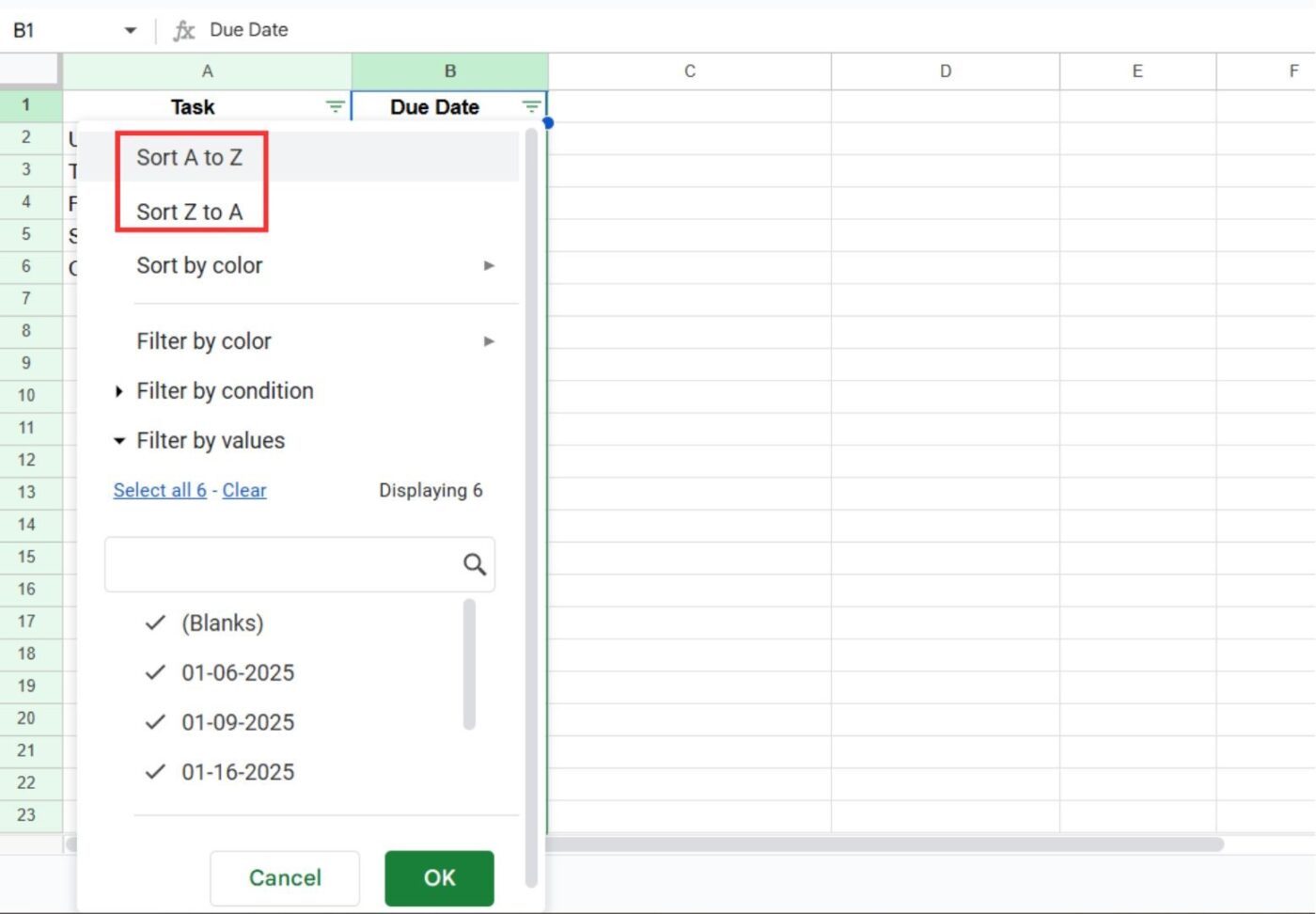 Sort in ascending and descending order: how to organize due dates in google sheets