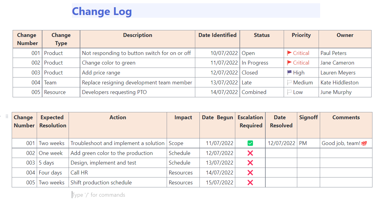 ClickUp Software Change Log Template