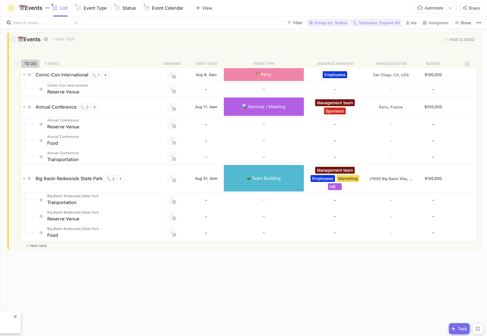 ClickUp Event Budget Template