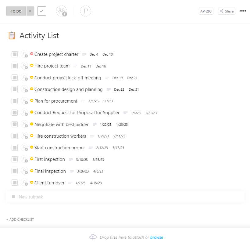 ClickUp Activity List Template: action item templates