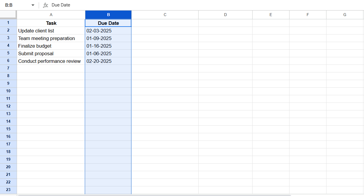 Select the data column: how to organize due dates in google sheets