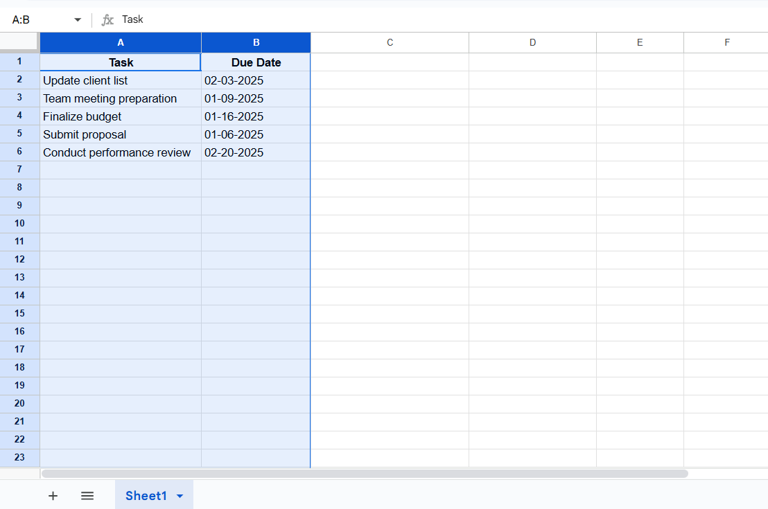 Select Column to sort: how to organize due dates in google sheets