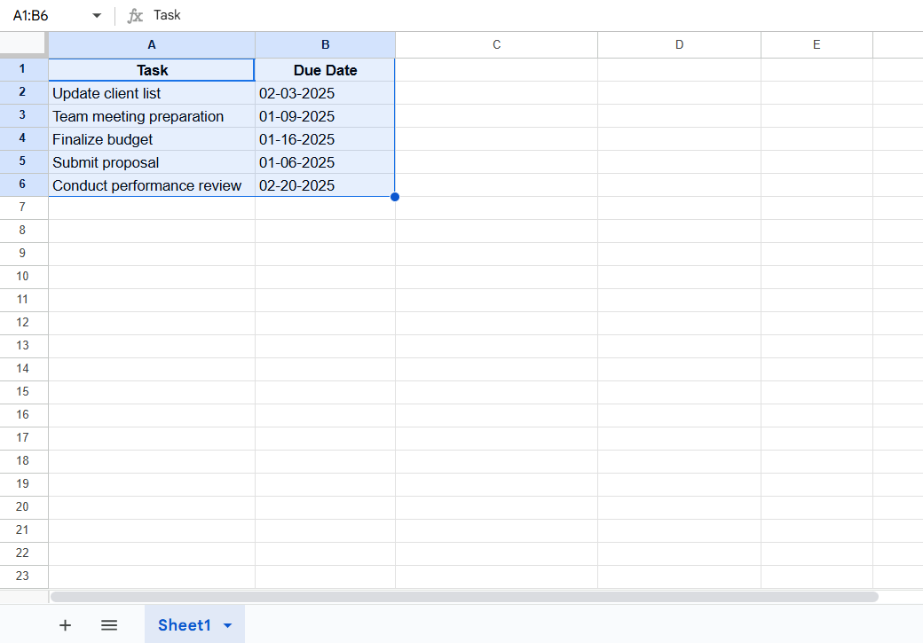 Entire table: how to organize due dates in google sheets