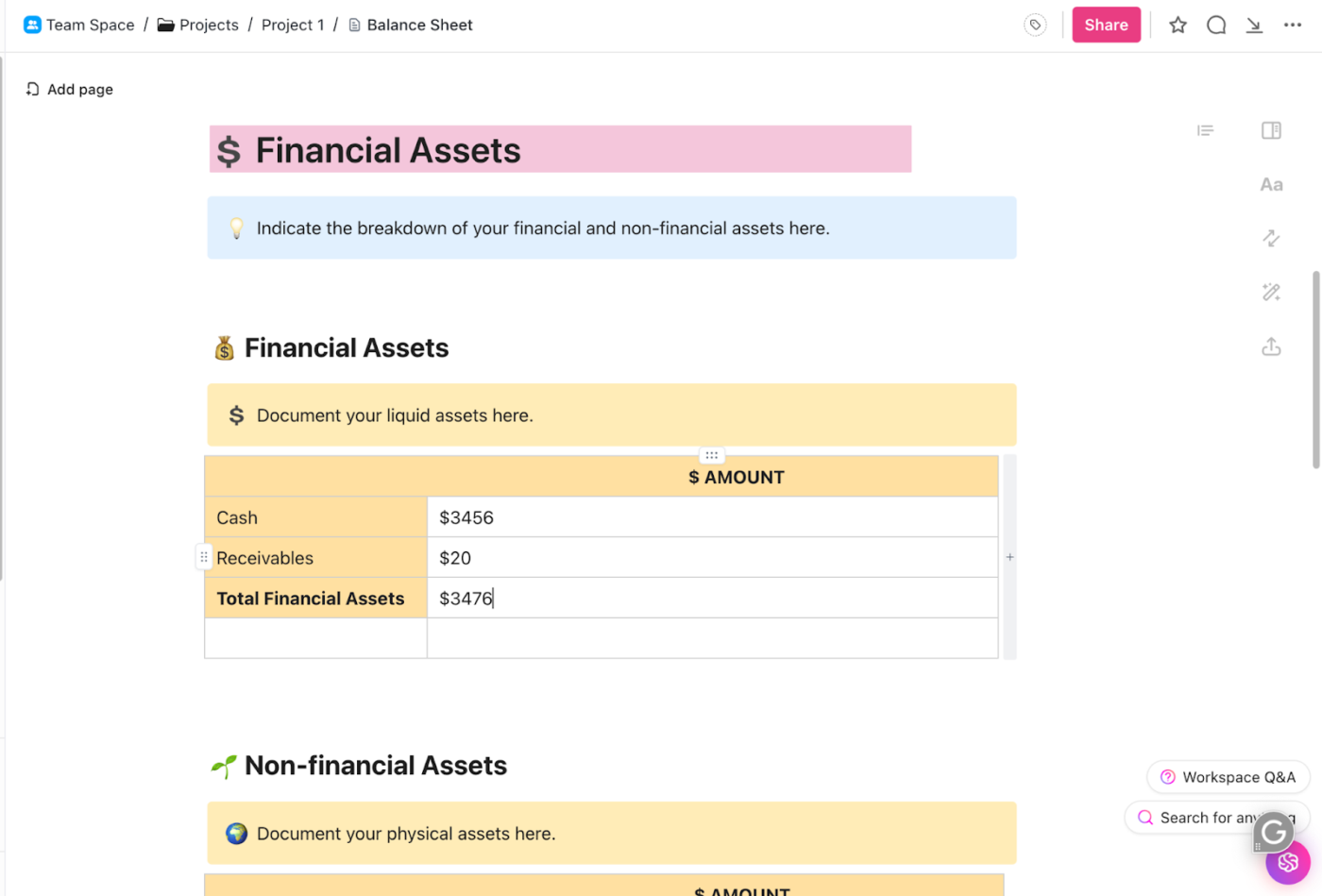 ClickUp Docs: como fazer um balanço patrimonial