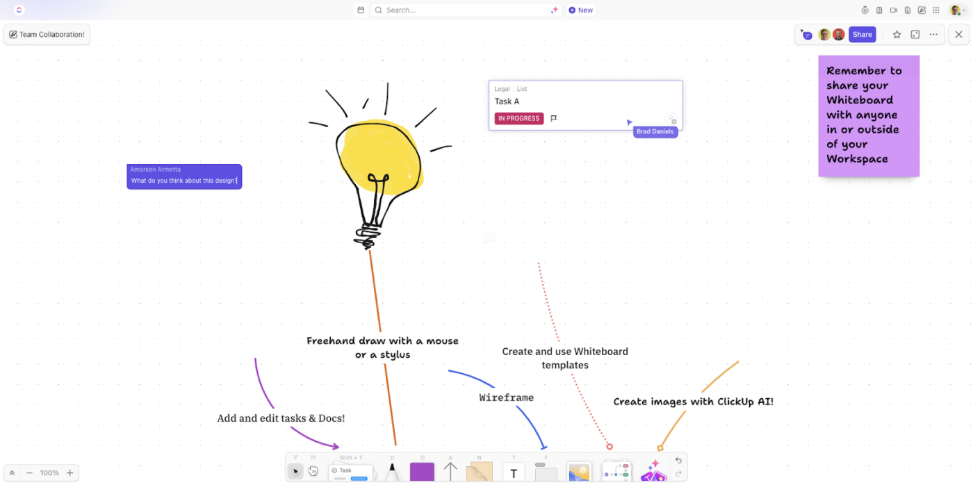 ClickUp’s drawing tools: how to use whiteboard in teams