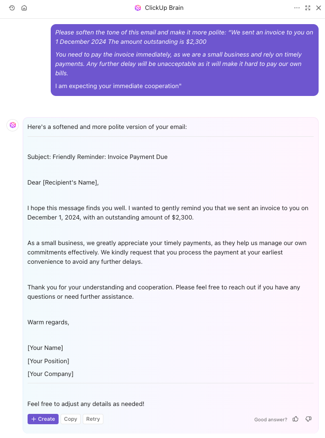 Use ClickUp Brain to change the tone on your emails