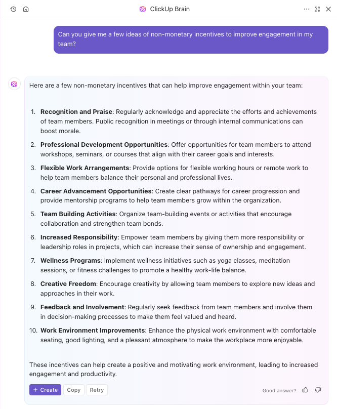 ClickUp Brain's suggestions on non-monetary incentives to boost employee engagement