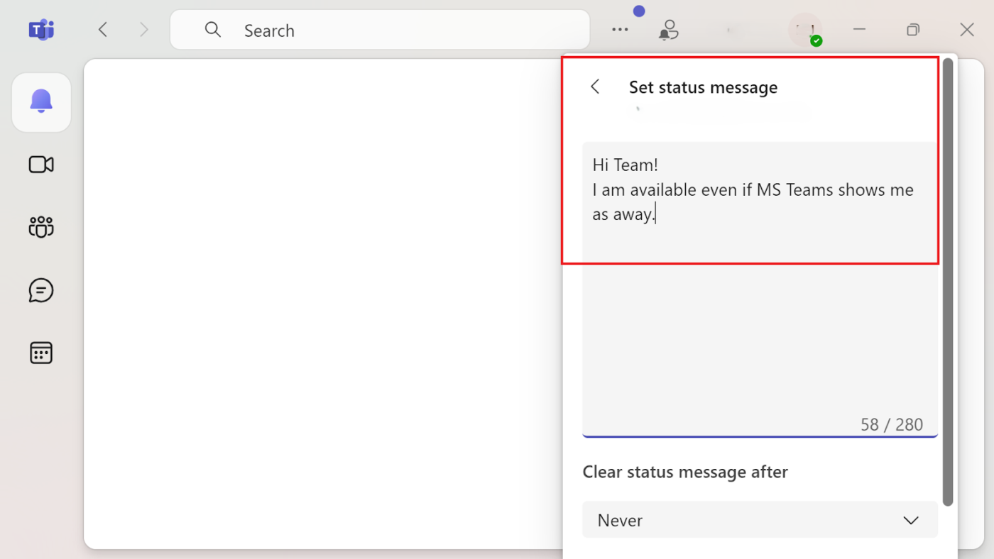 Set status message in the Microsoft Teams app