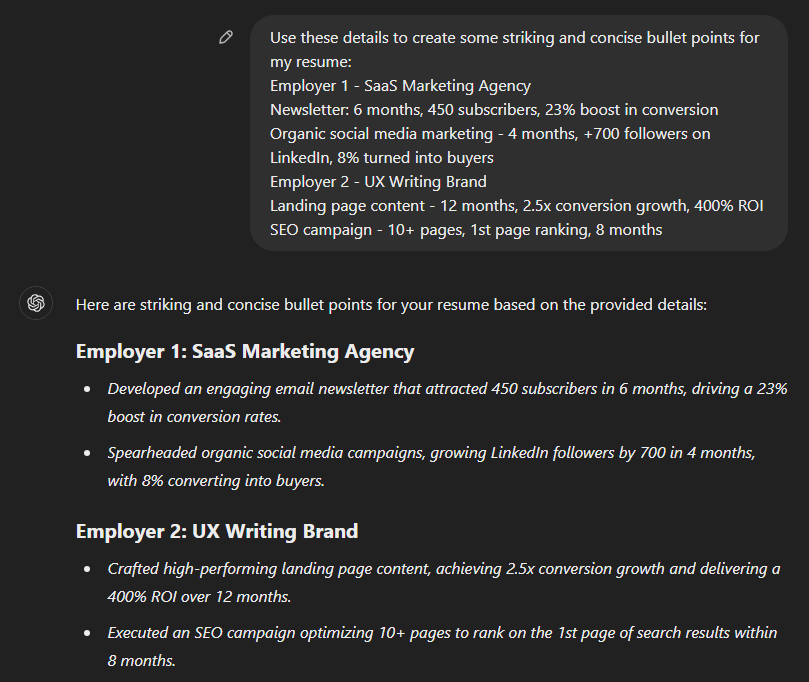 Quantify achievements Prompt: How to Use ChatGPT for Resume