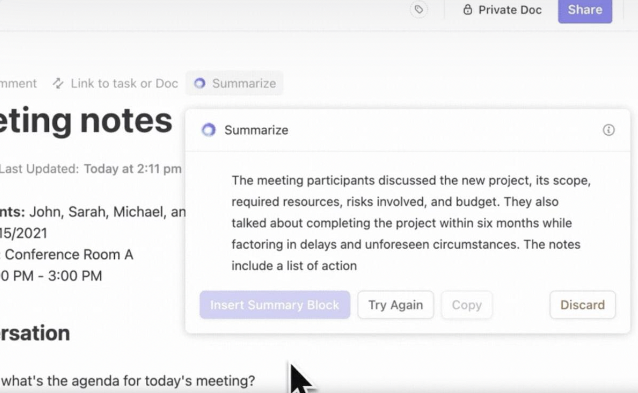 ClickUp Brain: how to write a meeting summary