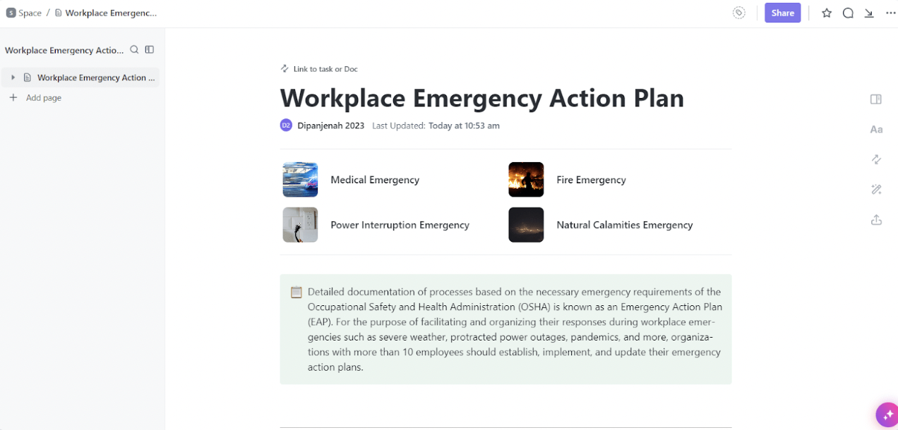 ClickUp Workplace Emergency Action Plan Template: Runbook Templates