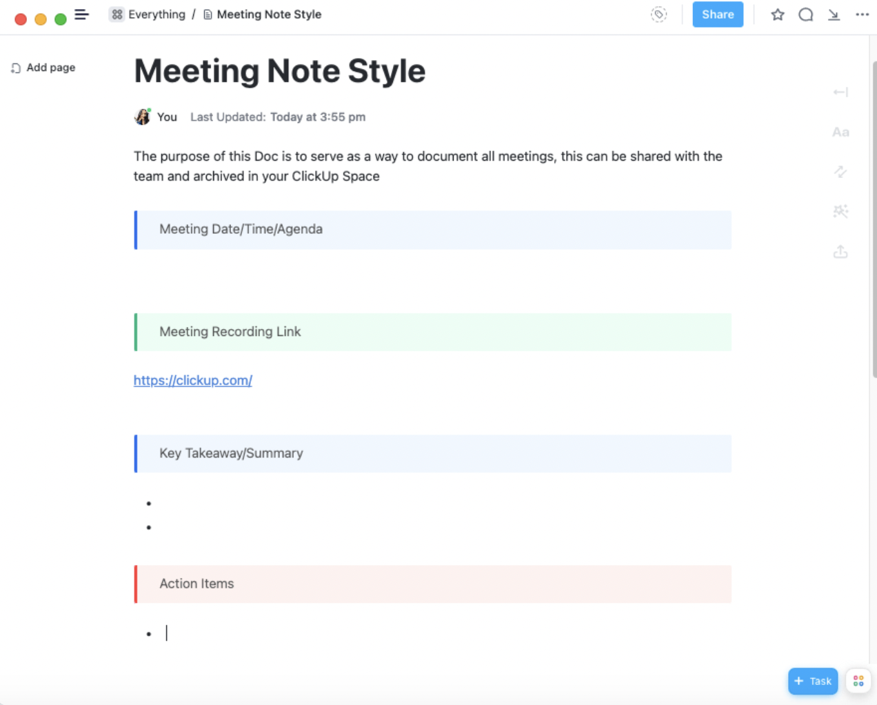 ClickUp Client Meeting Notes Template