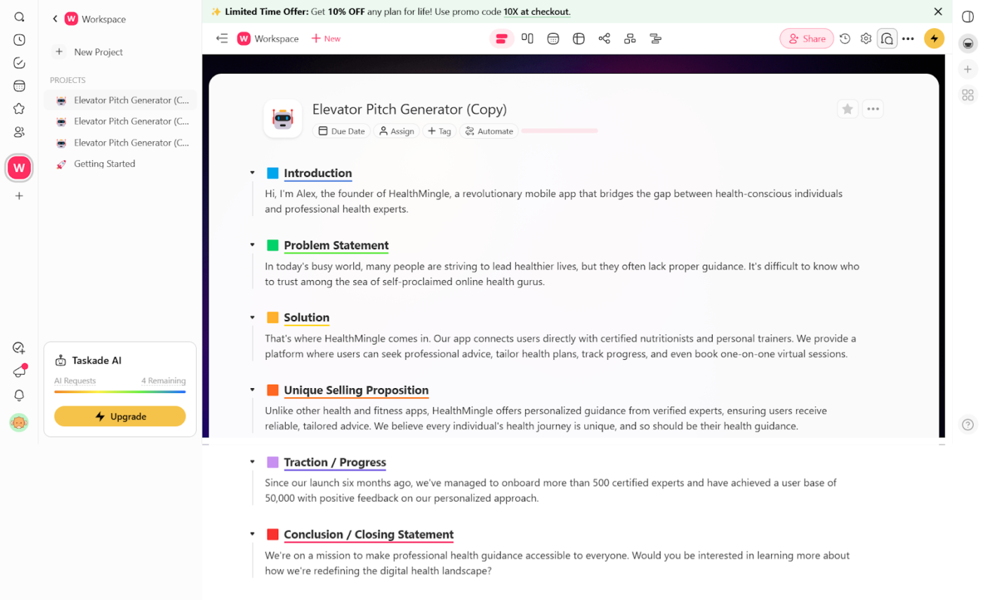 Taskade: elevator pitch generator